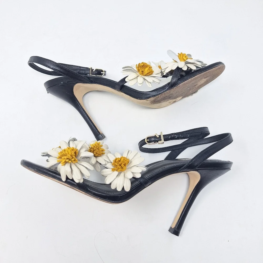 LARROUDÉ Fiore Daisy Appliqués Ankle Strap Sandals Stilletto Heel